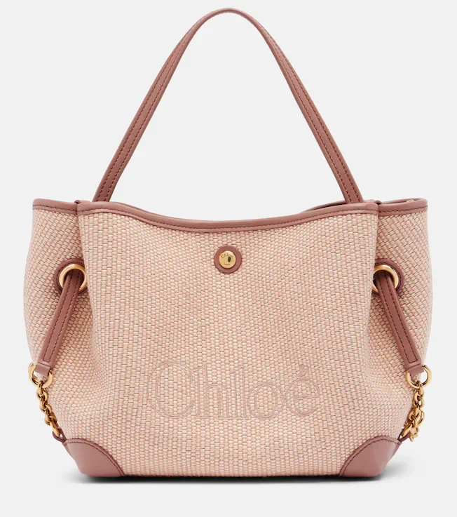Small leather-trimmed raffia tote bag