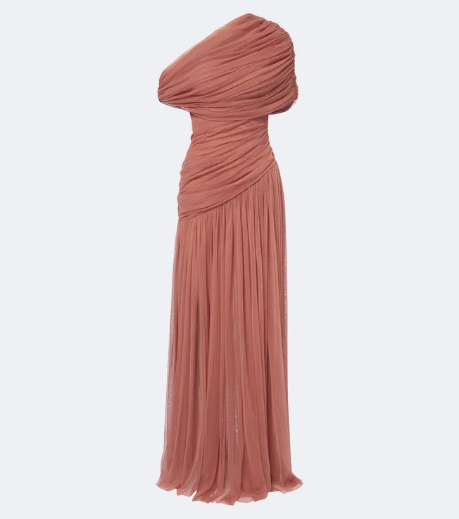 Himalia asymmetric draped tulle maxi dress
