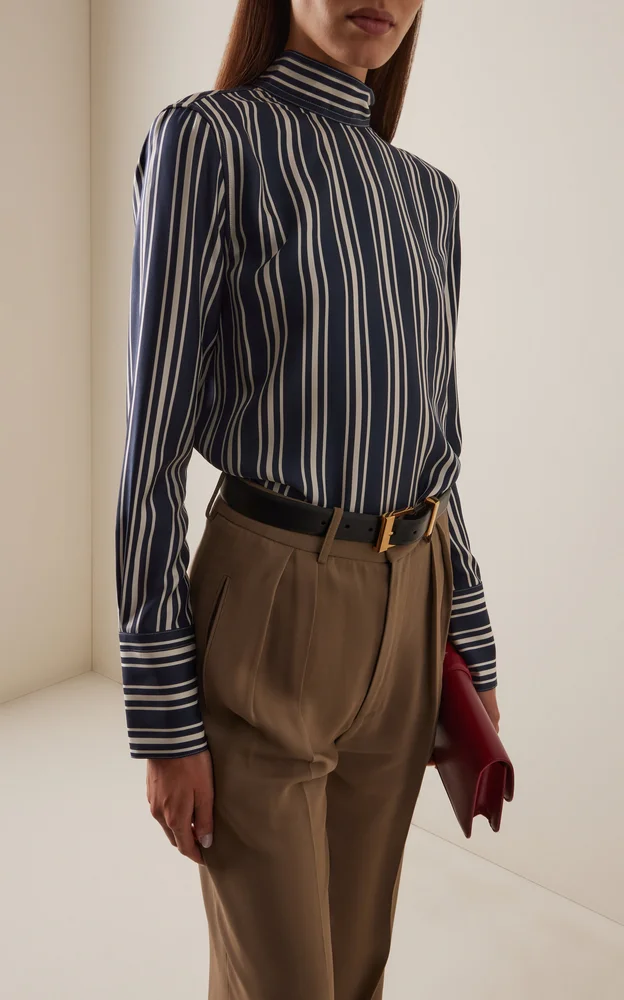 Cora Striped Silk Mock Neck Top