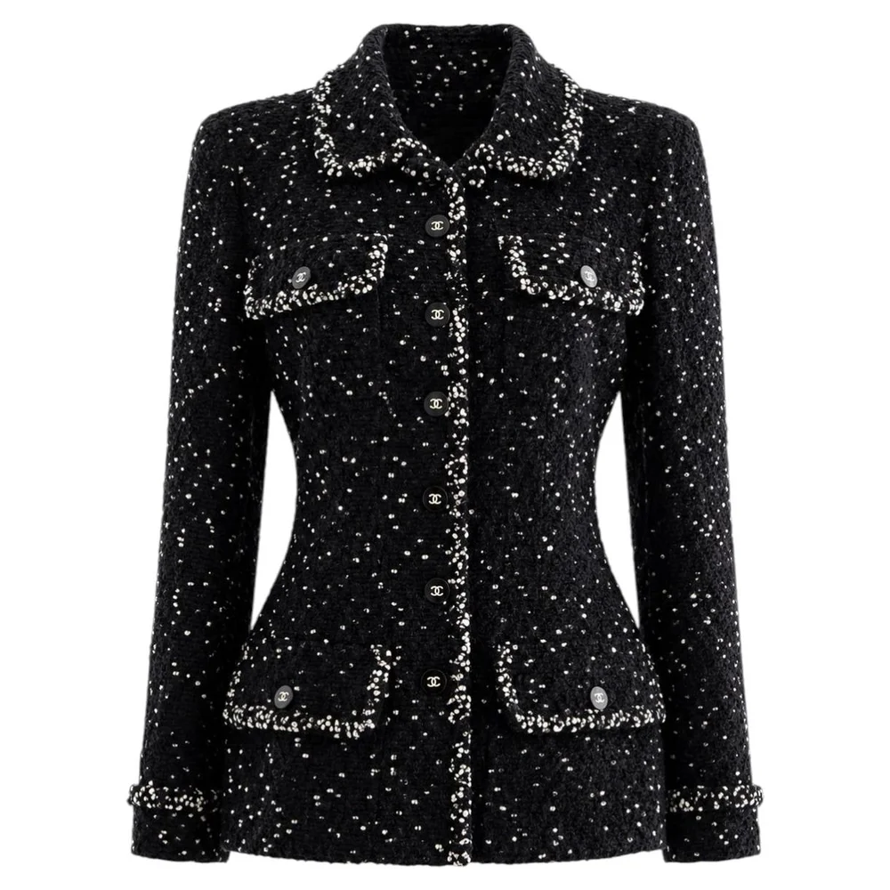 Chanel Vintage F/W 1995 Black White Popcorn Snowflake Tweed Jacket