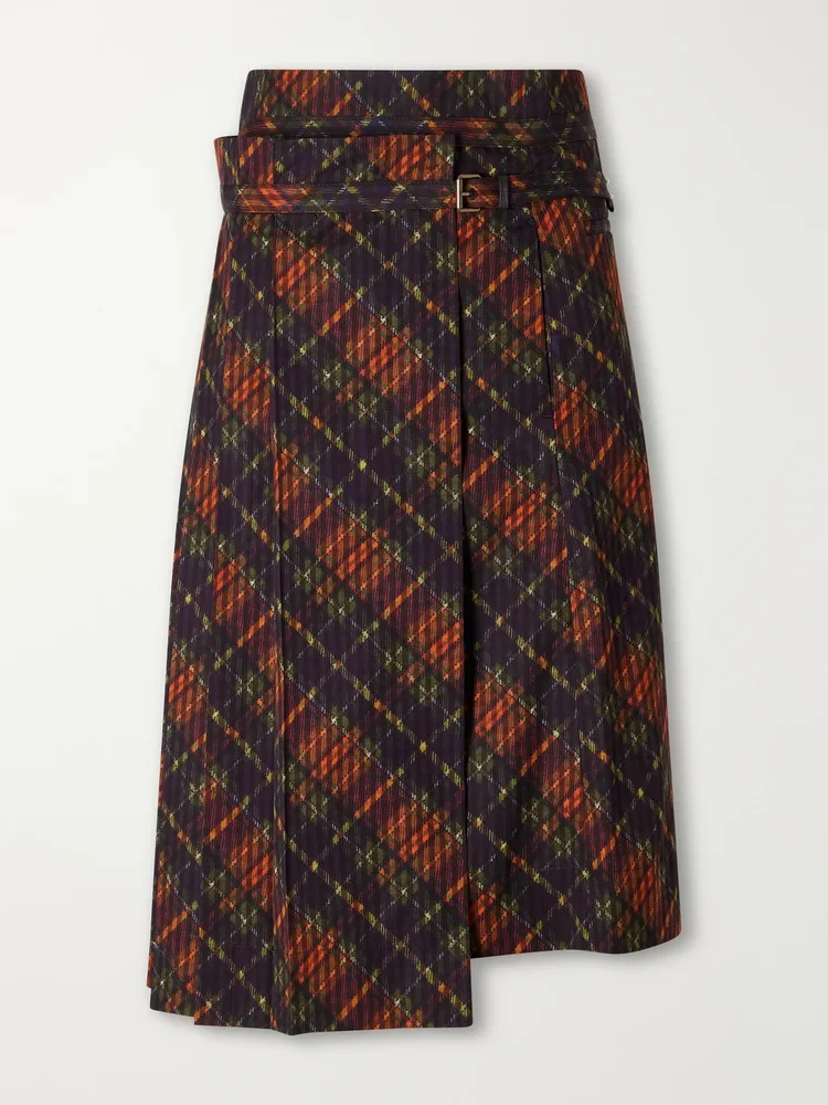 Checked pleated cotton midi skirt