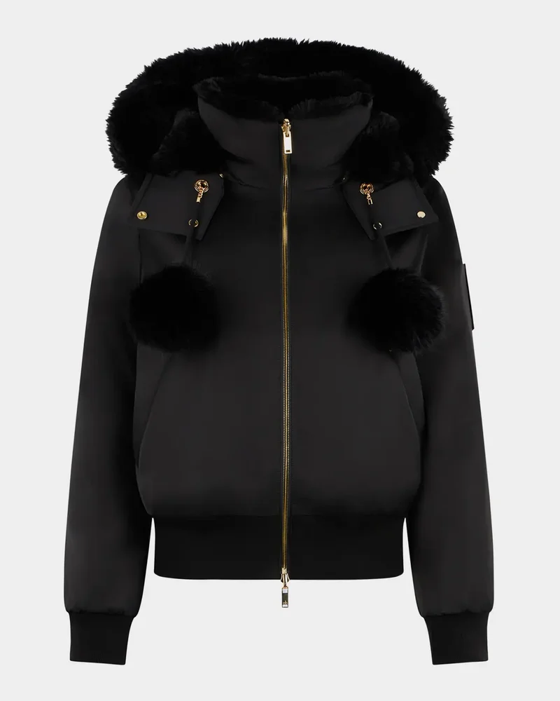 Debbie Satin Bomber Jacket with Removable Hood & Pom Poms