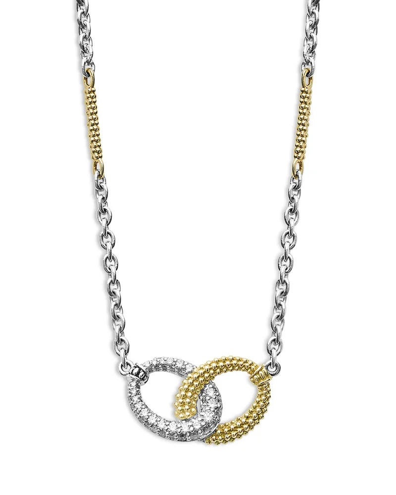 18K Yellow Gold & Sterling Silver Caviar Lux Diamond Interlocking Circle Pendant Necklace, 16-18"