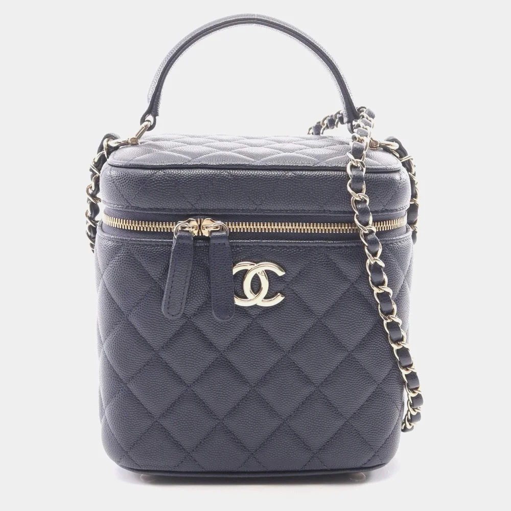 Classic Vanity Case Medium Navy Quilted Caviar Grained Calfskin Top Handle Shoulder Bag
