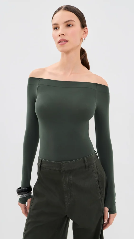 Ballet Off Shoulder Thong Bodysuit with Thumbholes