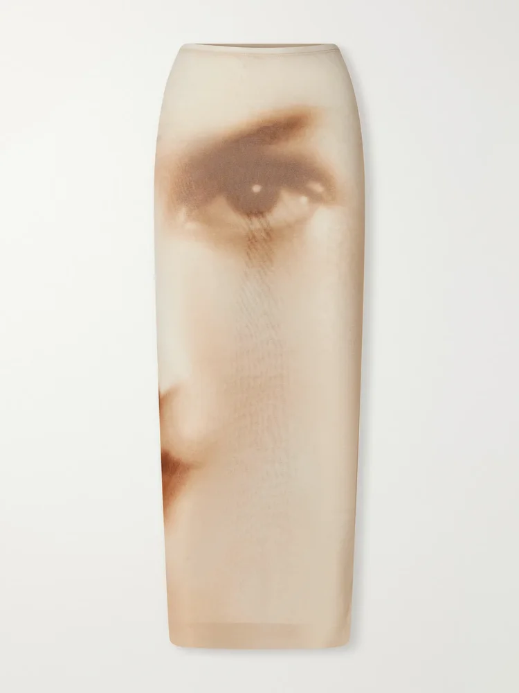 Face printed mesh maxi skirt