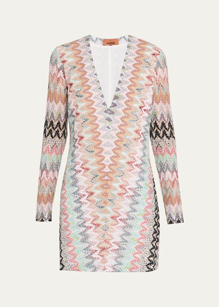 Plunging Metallic Zigzag Long-Sleeve Mini Dress
