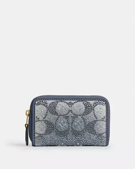 Essential Small Zip Around Card Case In Regenerative Cotton Denim With Crystal Signature