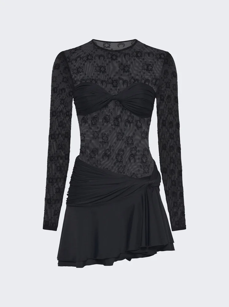 Moonogram Mesh Flock Ruffles Mini Dress BLACK