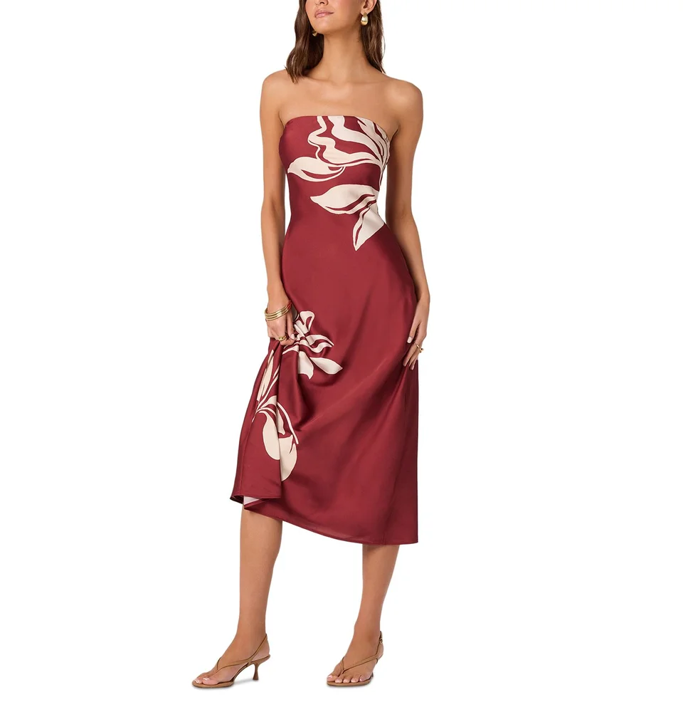 Strapless Oversized Floral Print Midi Dress