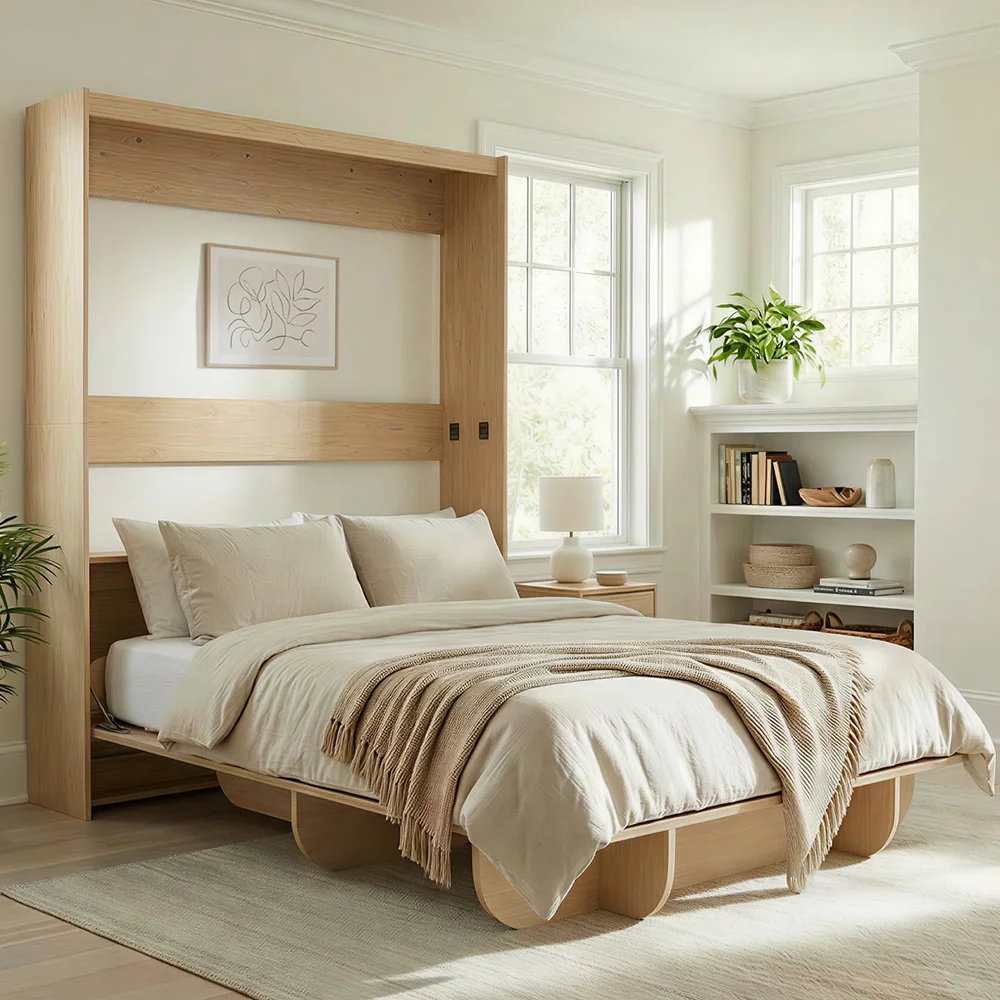65" Queen Murphy Bed with Bookshelf Storage and Safety Lock