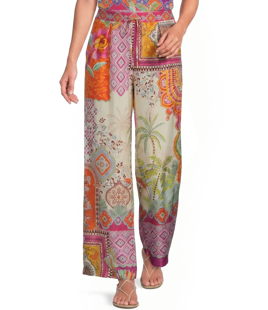Peggi Avelar Mixed Print Flat Front Elastic Waist Wide Leg Pants