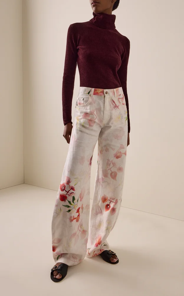 Amoret Printed Linen Barrel-Leg Jeans
