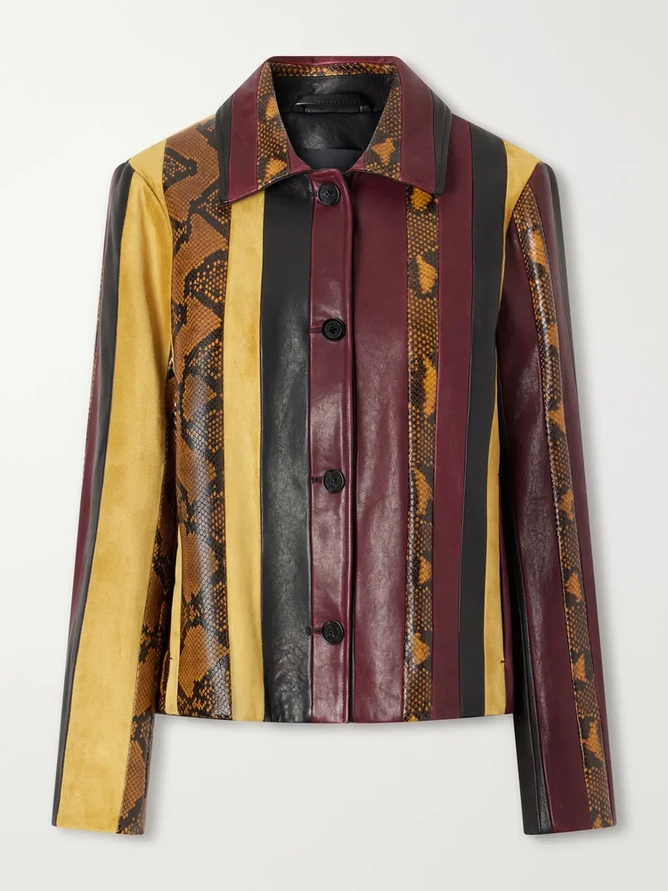 striped suede trimmed snake effect leather jacket