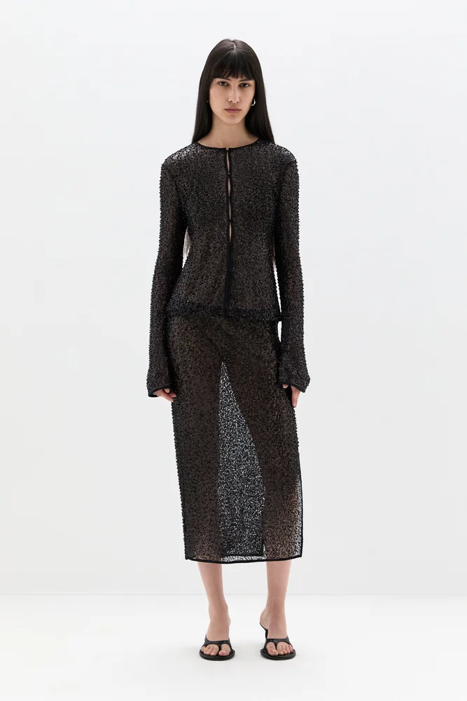 Cassia Sequin Midi Skirt / Black