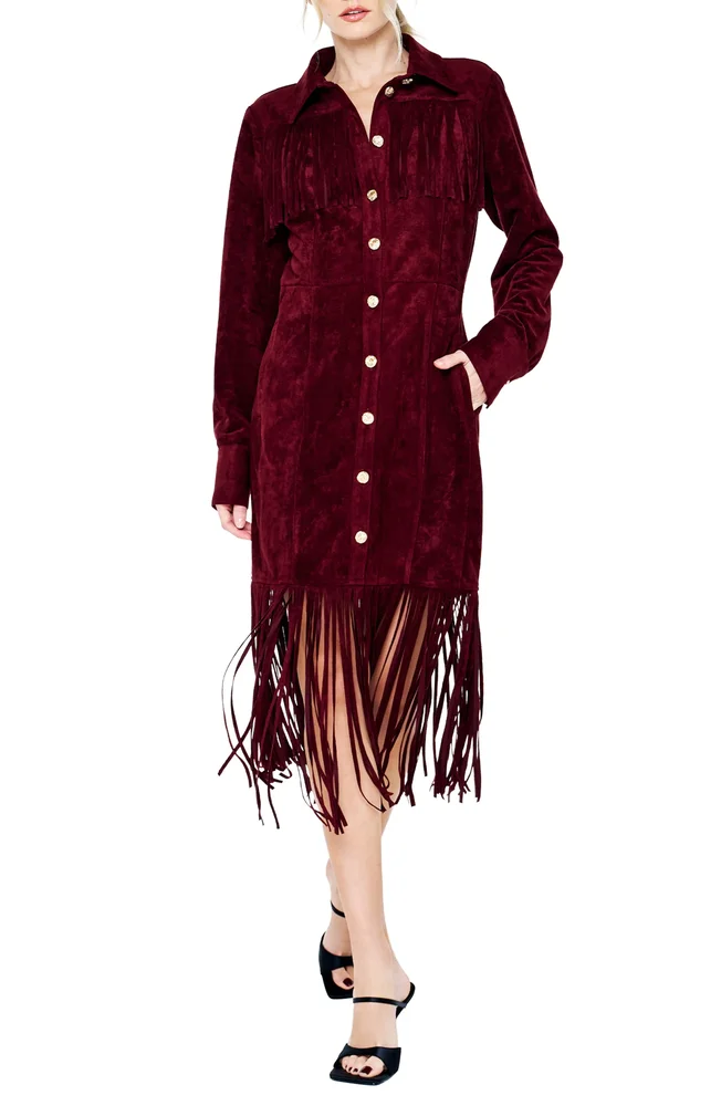 Jimena Fringe Long Sleeve Faux Suede Midi Dress