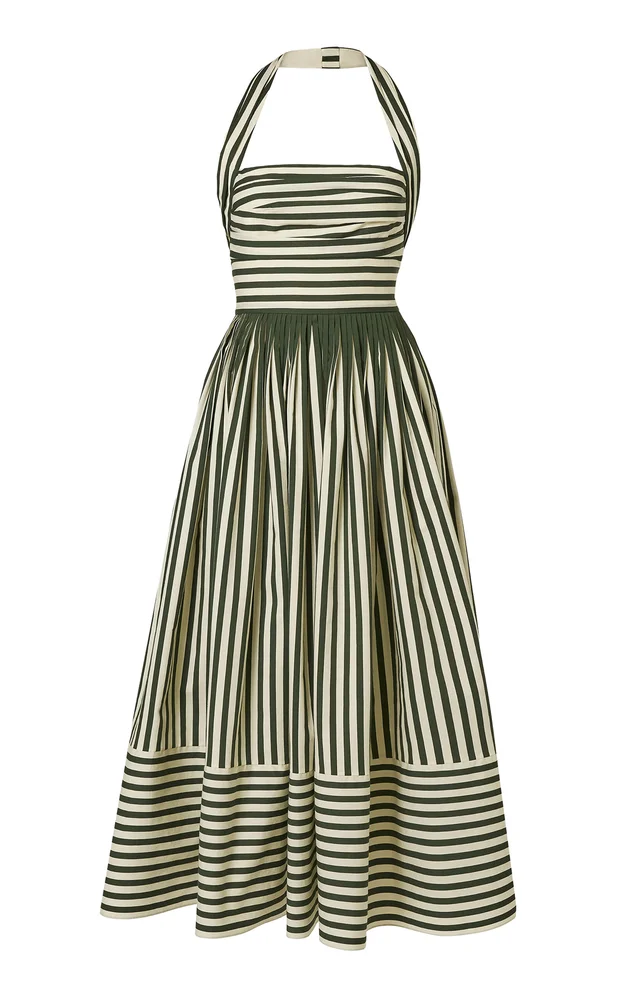 Ruched Striped Cotton-Blend Halter Midi Dress
