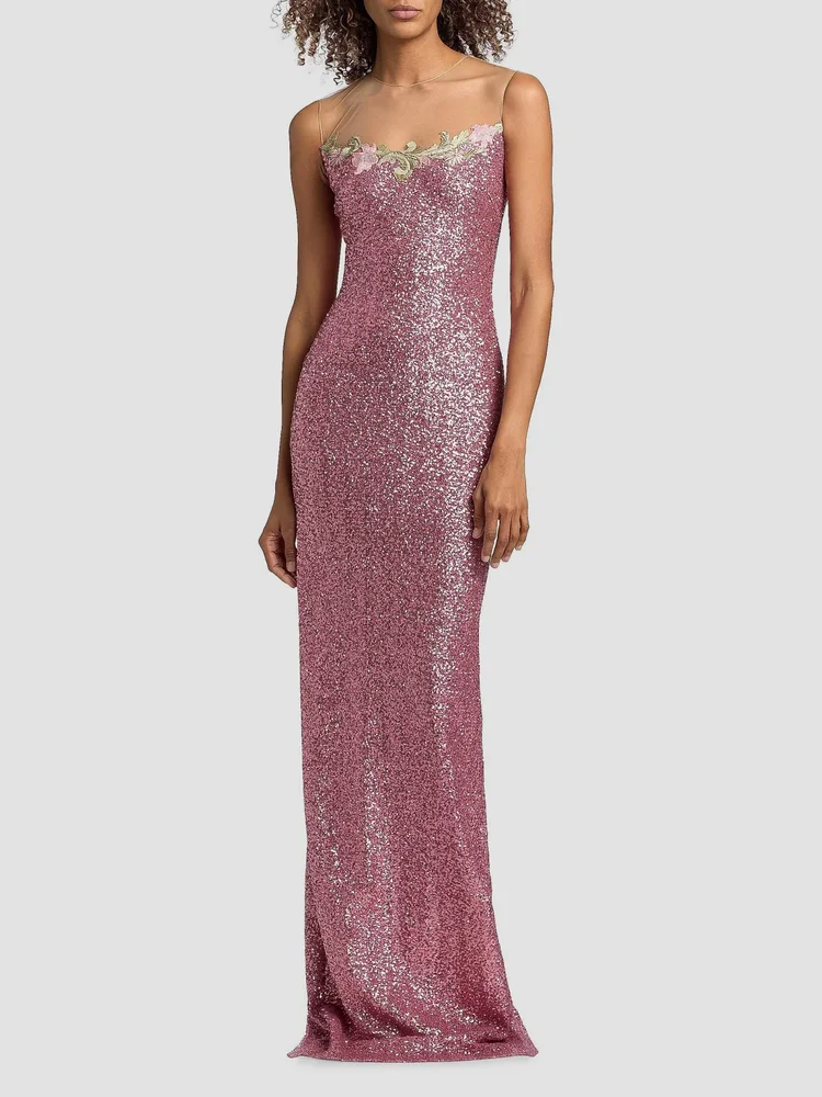 Floral-Appliquéd Sequined Gown