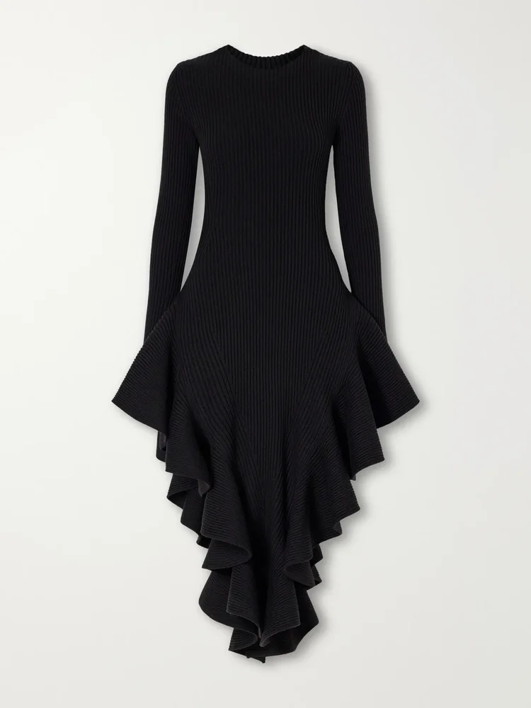 Asymmetric ruffled ribbed wool-blend midi dress