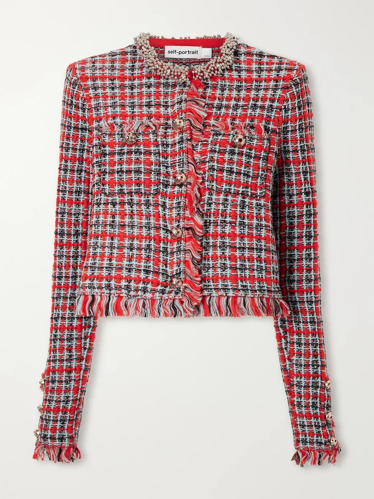 Embellished cotton and wool-blend bouclé-knit frayed jacket