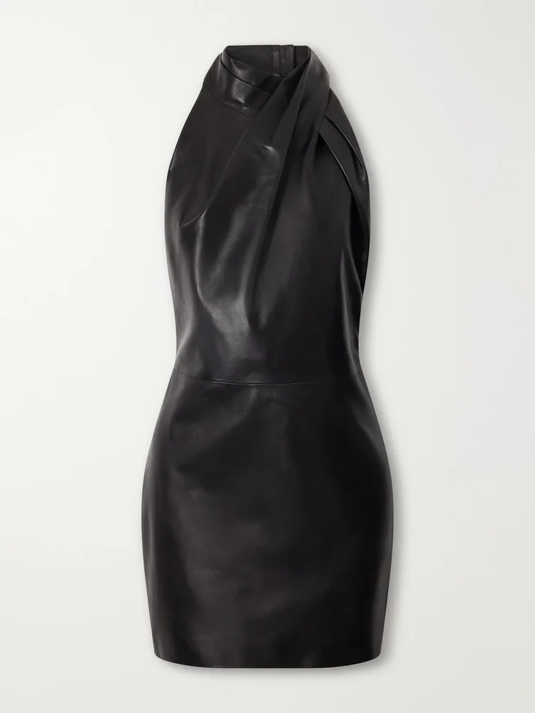 Paneled halterneck leather mini dress