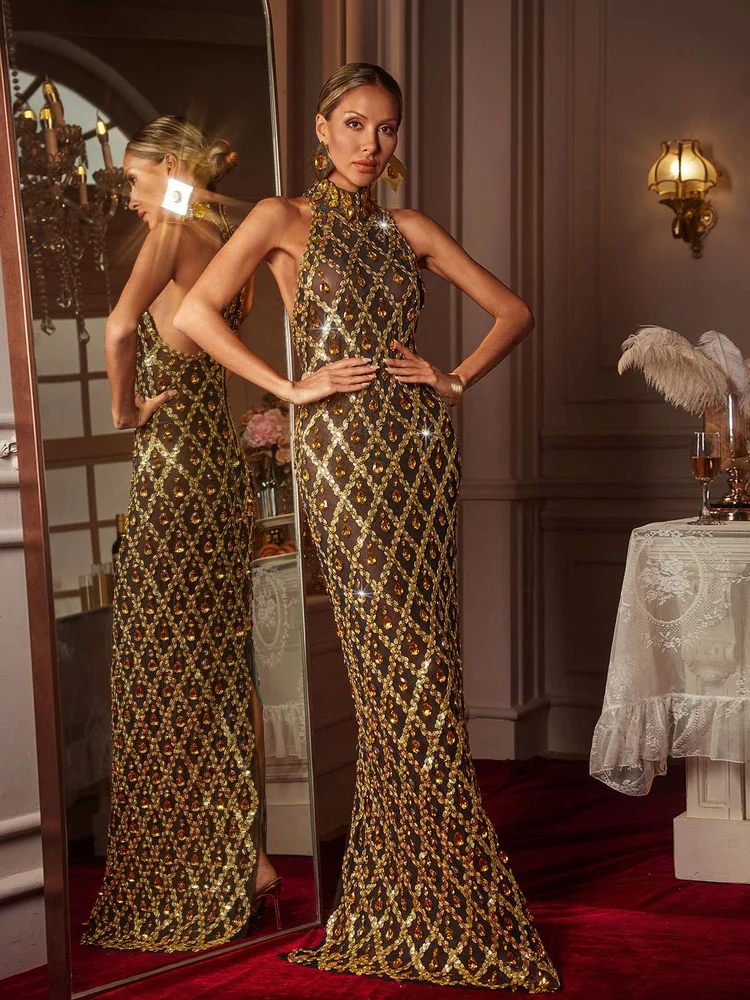 Mew Mews Liora Sequin Crystal Maxi Dress In Gold