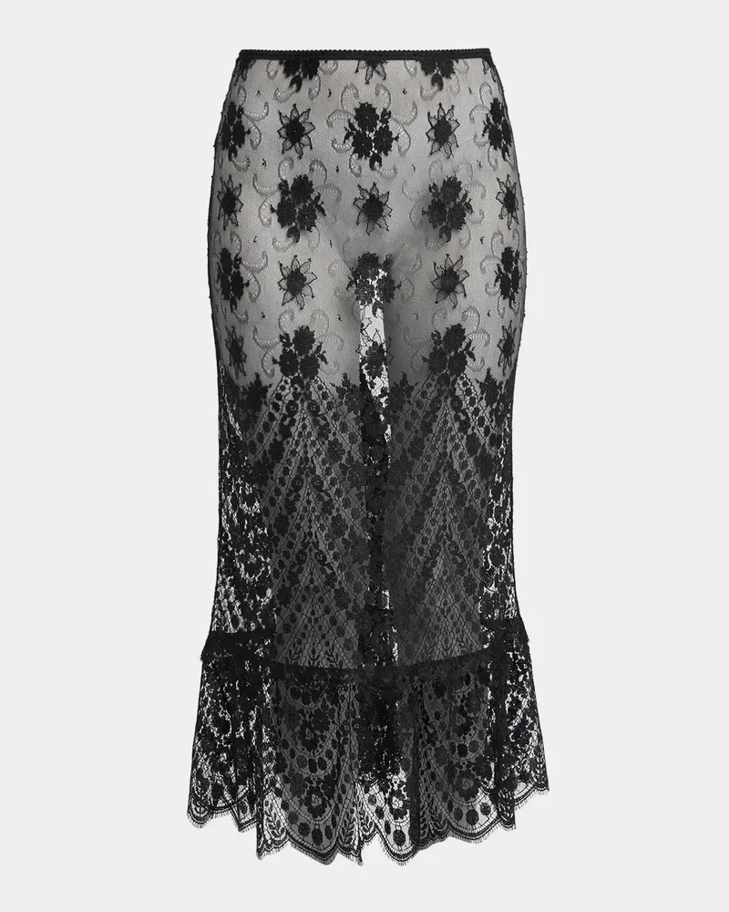 Sheer Chantilly Lace Ruffle Midi Skirt