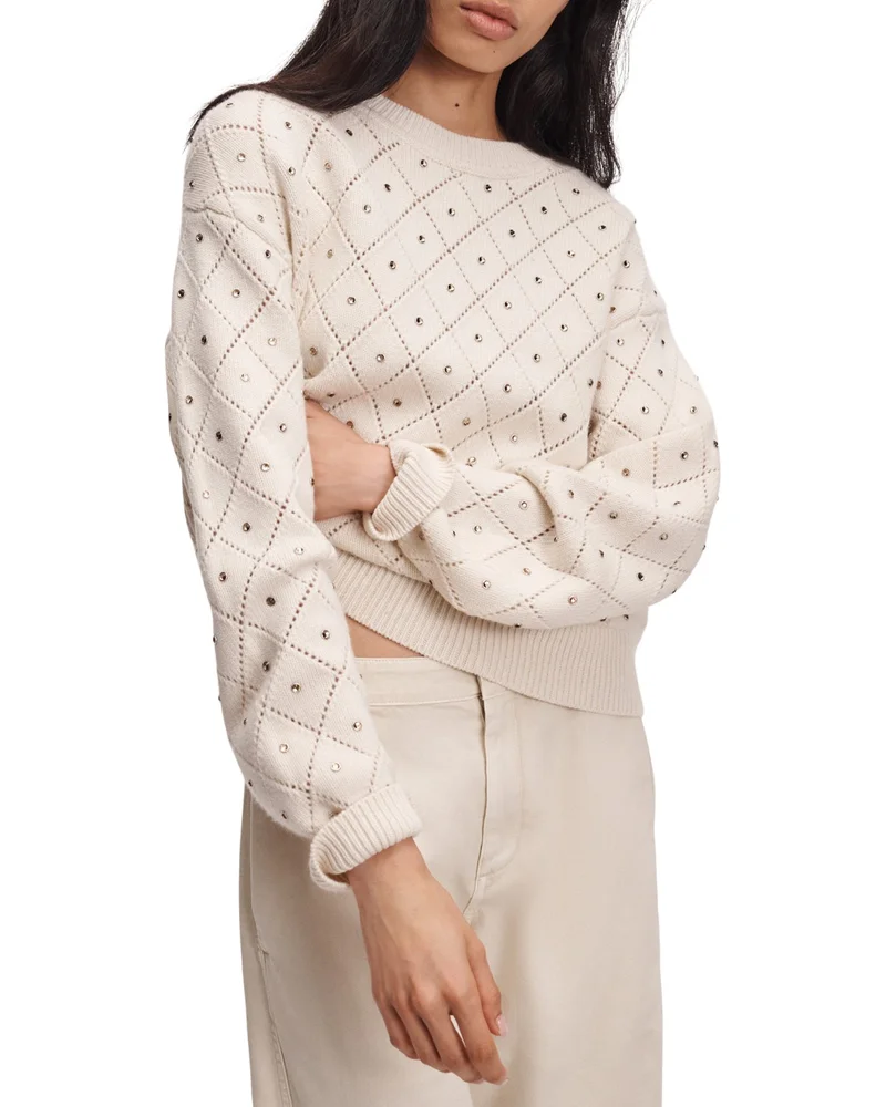Emma Wool Embellished Pointelle Crewneck Sweater