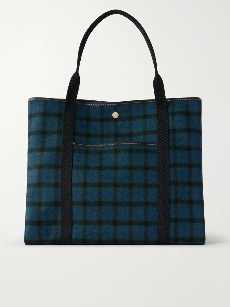 Traversée large leather-trimmed checked canvas tote