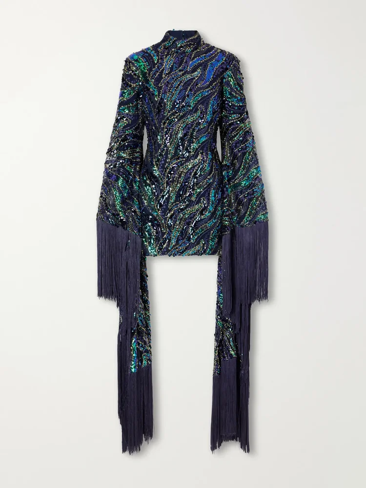 Disco Dragon sequin-embellished fringe-trimmed mesh mini dress
