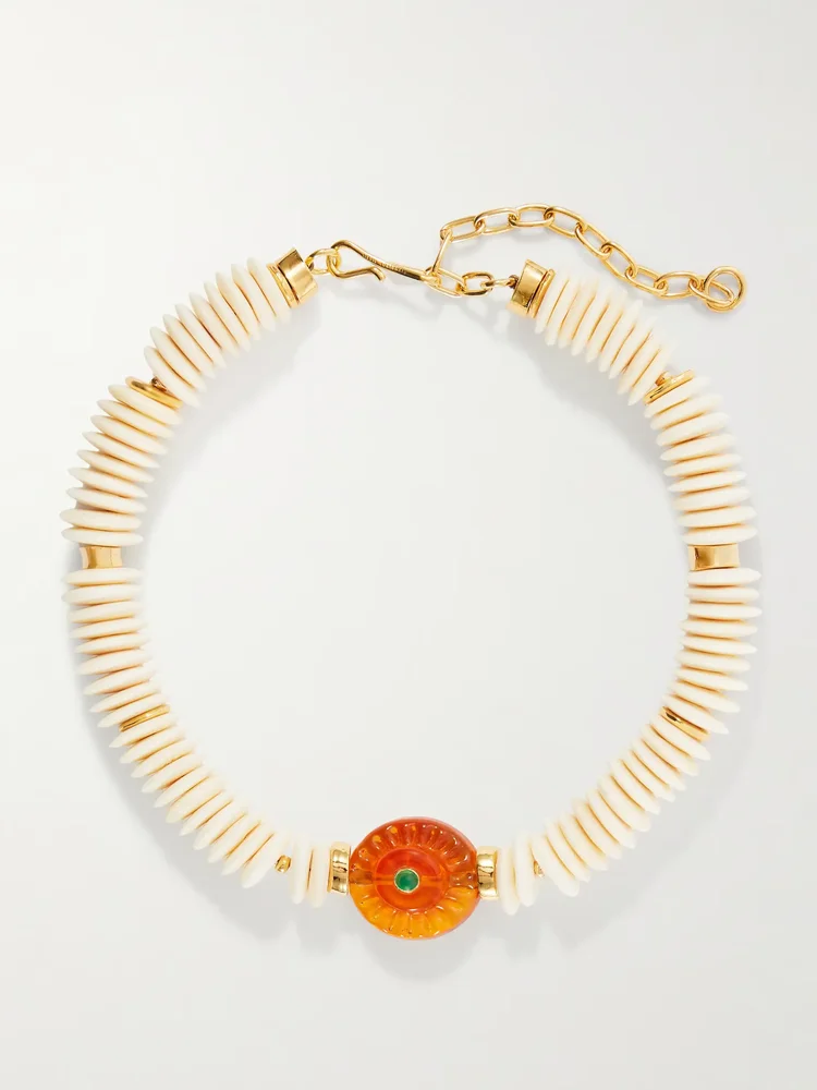 Marisol gold-plated bone, glass and chrysoprase beaded necklace