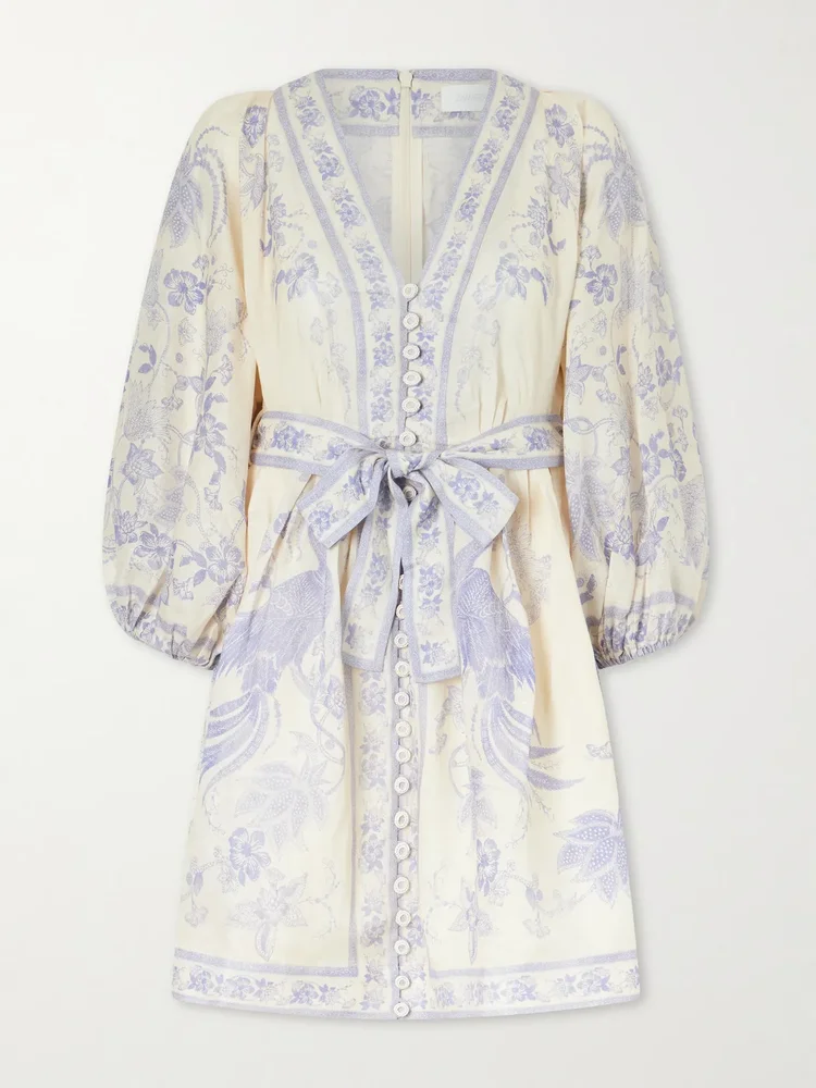 indra belted floral print linen mini dress