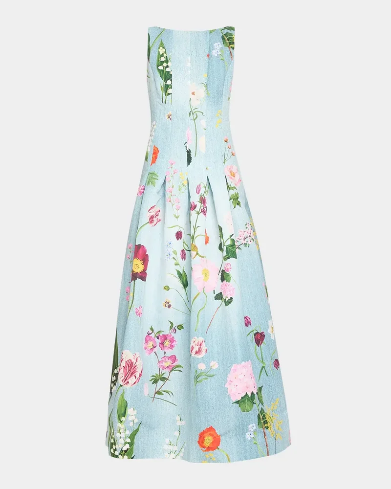 Mixed Botanical Print Cotton Pleated Sleeveless Gown