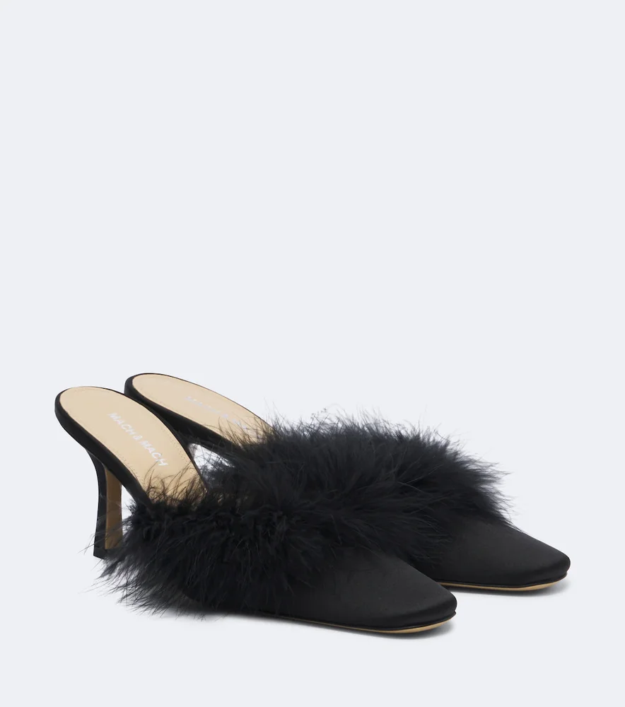 Carolyn feather-trimmed satin mules