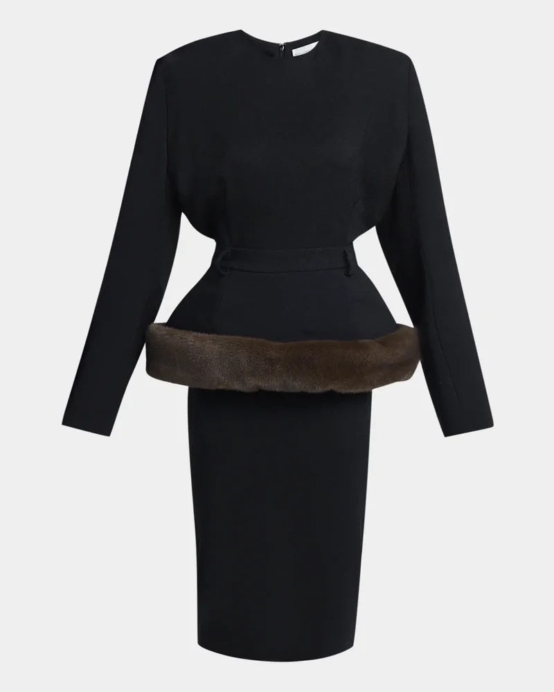 Long-Sleeve Belted Faux-Fur Peplum Midi Dress