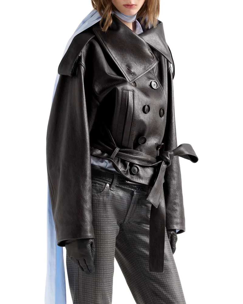 Leather High Collar Double Breasted Jacket