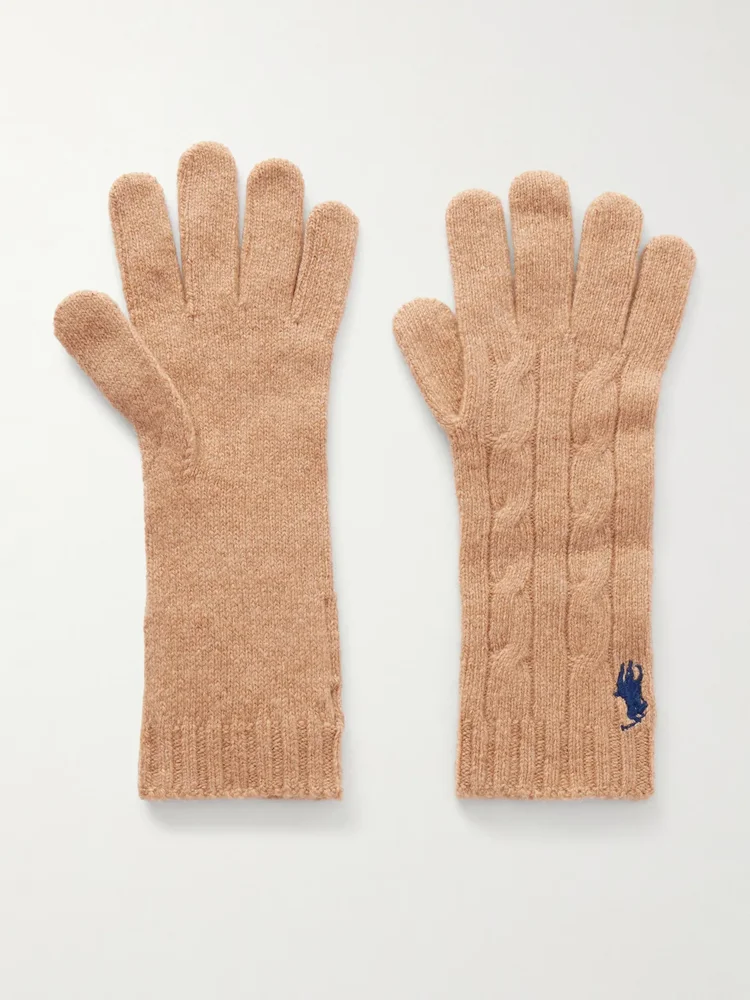 Logo-embroidered cable-knit wool-blend gloves