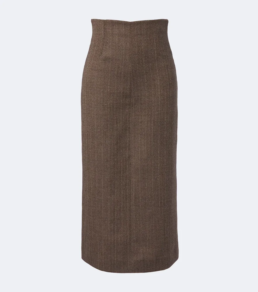 Herringbone virgin wool midi skirt