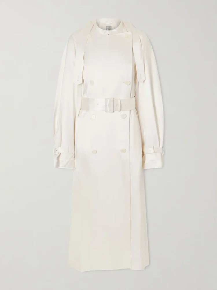 Double-breasted draped satin trench coat