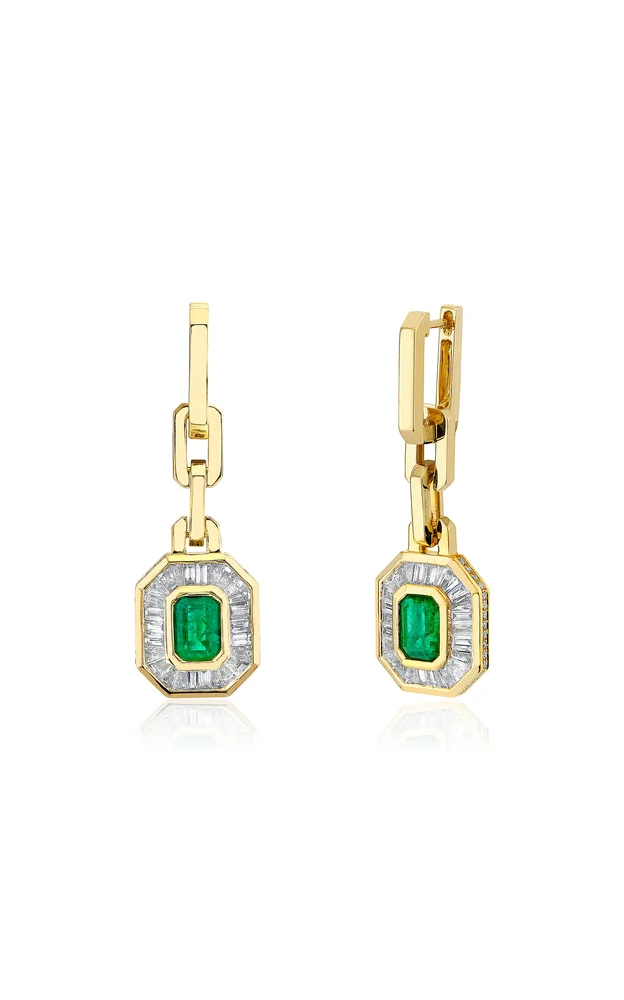 Mini Deco 18K Yellow Gold Emerald, Diamond Halo Earrings
