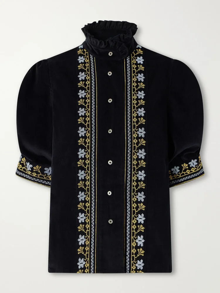 Vita embroidered cotton and wool-blend corduroy blouse