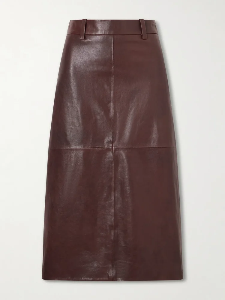 Paneled leather midi skirt