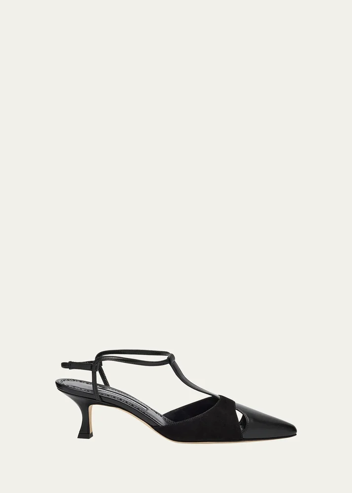 Mixed Leather T-Strap Pumps