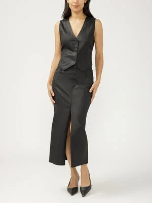 Coated Front-Slit Midi Skirt