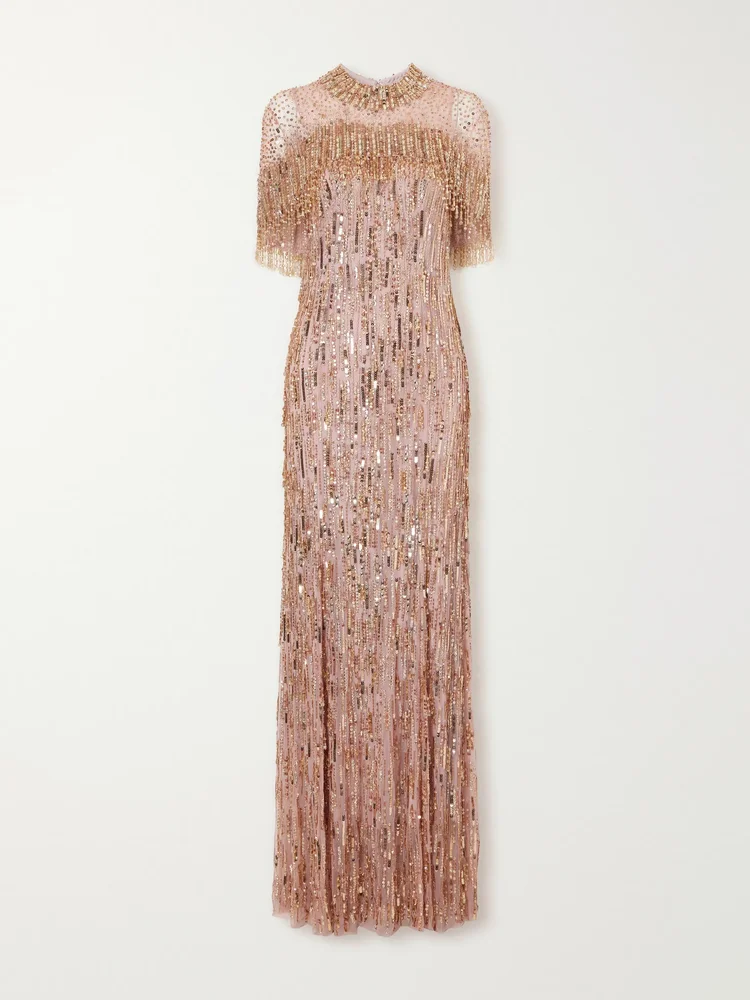 Leia cape-detailed sequin-embellished gown
