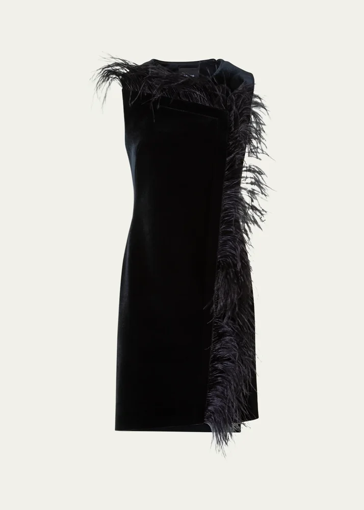 Neoprene Velvet Feather-Trim Asymmetric Mini Dress