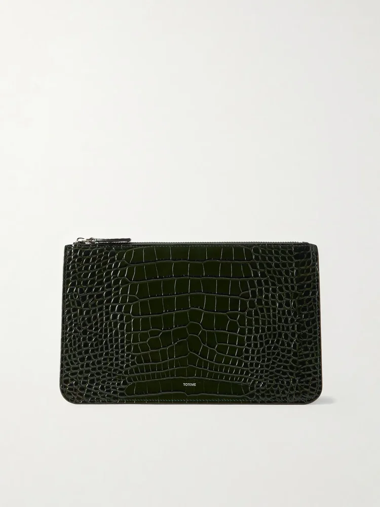 Threefold croco-embossed leather clutch