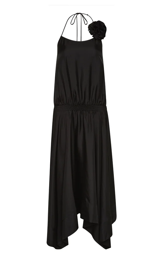 Silk Halter Rosette Midi Dress