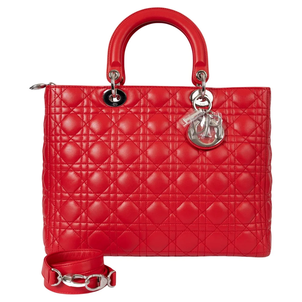 Pre-Owned Excellent Red Cannage Lambskin Large Lady Dior Tote