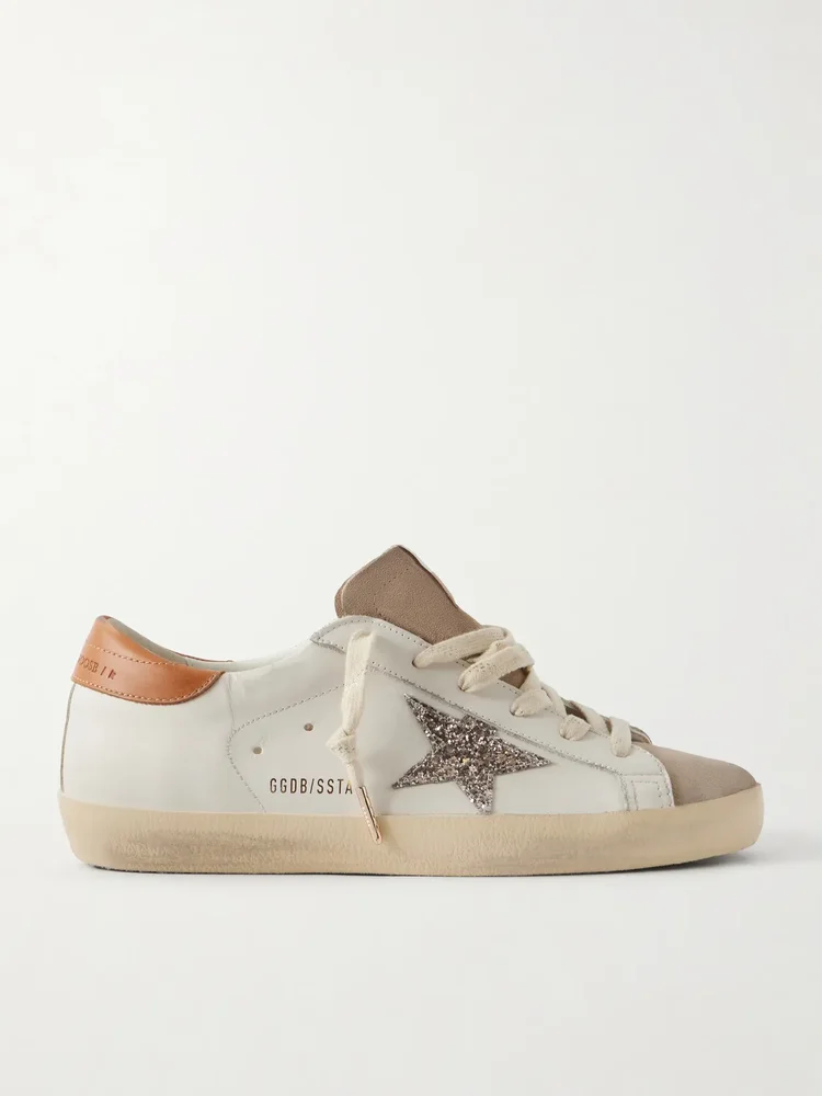 super star distressed glittered suede trimmed leather sneakers